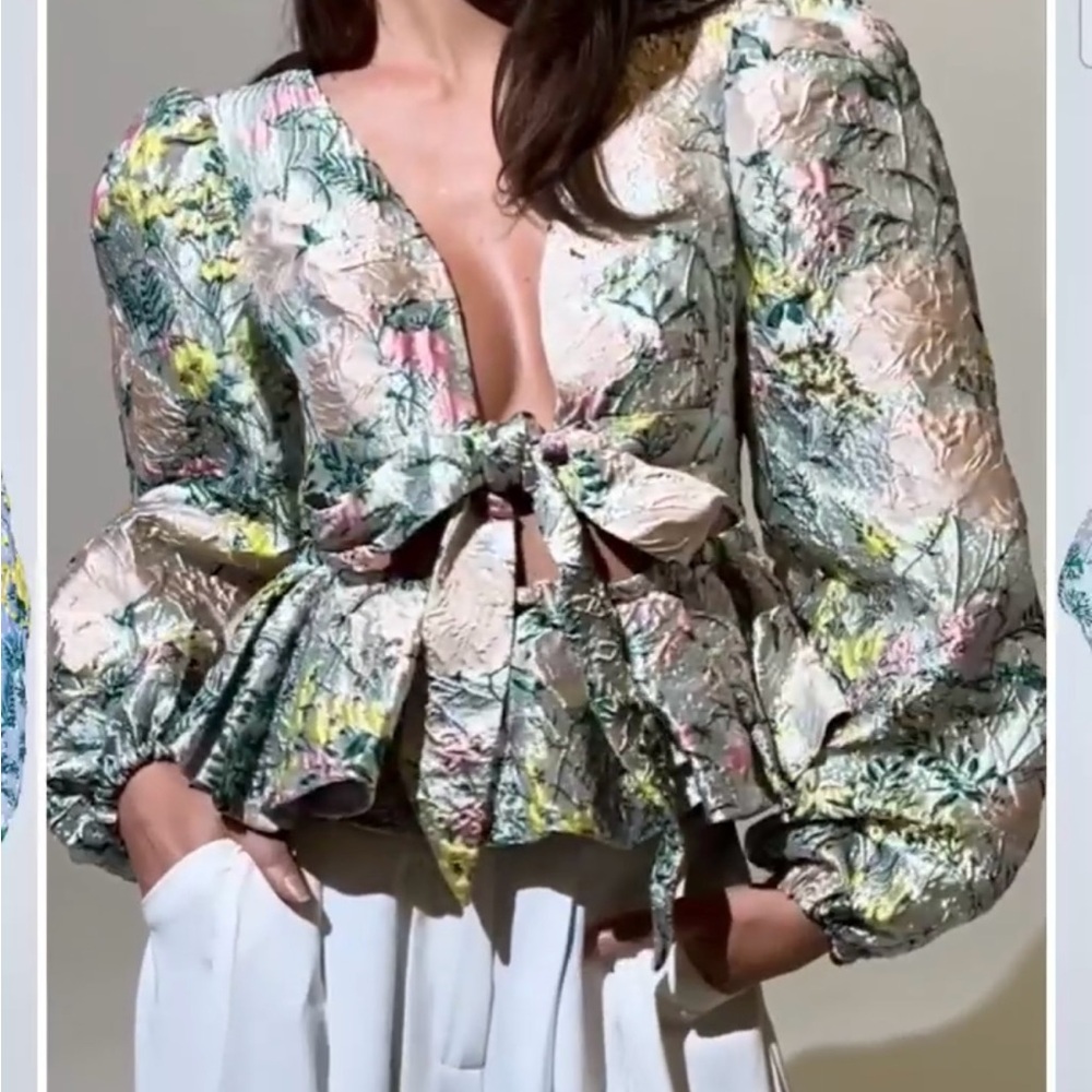 AKIRA Floral Tie-Front Puff Sleeve Blouse in Pale Pink, Green & Yellow - Picture 2 of 10